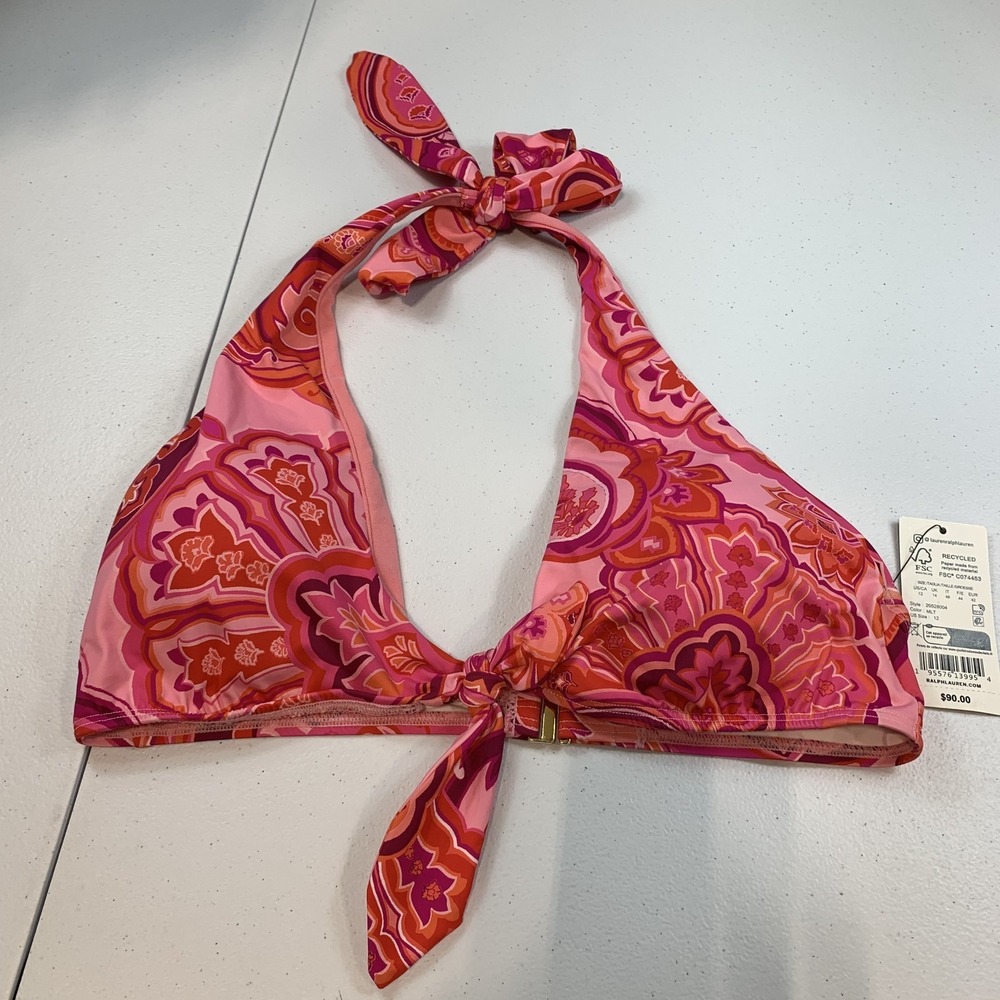 Lauren Ralph Lauren Women's Swim Bikini Top 12 Halter Pink Paisley Tie Front